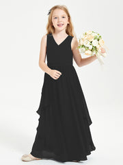 Boho Sleeveless Chiffon Junior Bridesmaid Dresses V-neck Black