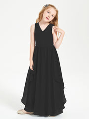 Boho Sleeveless Chiffon Junior Bridesmaid Dresses V-neck Black