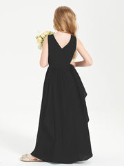 Boho Sleeveless Chiffon Junior Bridesmaid Dresses V-neck Black