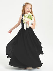 Boho Sleeveless Chiffon Junior Bridesmaid Dresses V-neck Black