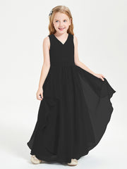 Boho Sleeveless Chiffon Junior Bridesmaid Dresses V-neck Black