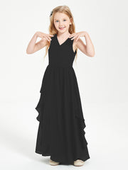 Boho Sleeveless Chiffon Junior Bridesmaid Dresses V-neck Black