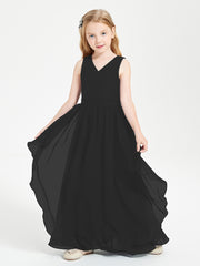 Boho Sleeveless Chiffon Junior Bridesmaid Dresses V-neck Black