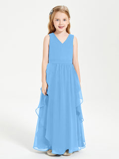 Boho Sleeveless Chiffon Junior Bridesmaid Dresses V-neck Blue