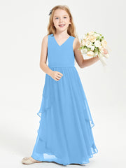Boho Sleeveless Chiffon Junior Bridesmaid Dresses V-neck Blue