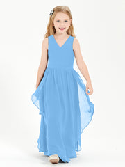 Boho Sleeveless Chiffon Junior Bridesmaid Dresses V-neck Blue
