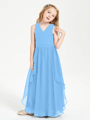 Boho Sleeveless Chiffon Junior Bridesmaid Dresses V-neck Blue