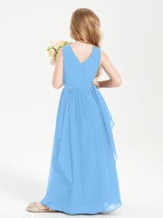 Boho Sleeveless Chiffon Junior Bridesmaid Dresses V-neck Blue