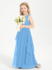 Boho Sleeveless Chiffon Junior Bridesmaid Dresses V-neck Blue