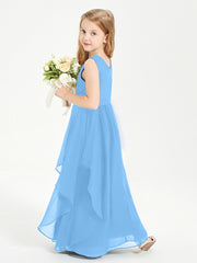 Boho Sleeveless Chiffon Junior Bridesmaid Dresses V-neck Blue