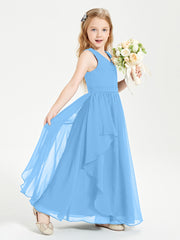 Boho Sleeveless Chiffon Junior Bridesmaid Dresses V-neck Blue