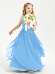 Boho Sleeveless Chiffon Junior Bridesmaid Dresses V-neck Blue