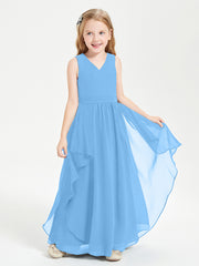 Boho Sleeveless Chiffon Junior Bridesmaid Dresses V-neck Blue
