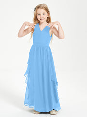 Boho Sleeveless Chiffon Junior Bridesmaid Dresses V-neck Blue
