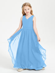 Boho Sleeveless Chiffon Junior Bridesmaid Dresses V-neck Blue