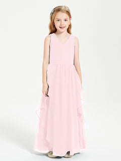 Boho Sleeveless Chiffon Junior Bridesmaid Dresses V-neck Blushing Pink