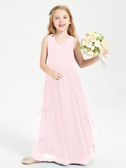 Boho Sleeveless Chiffon Junior Bridesmaid Dresses V-neck Blushing Pink