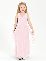 Boho Sleeveless Chiffon Junior Bridesmaid Dresses V-neck Blushing Pink