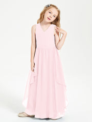 Boho Sleeveless Chiffon Junior Bridesmaid Dresses V-neck Blushing Pink