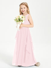 Boho Sleeveless Chiffon Junior Bridesmaid Dresses V-neck Blushing Pink