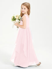 Boho Sleeveless Chiffon Junior Bridesmaid Dresses V-neck Blushing Pink