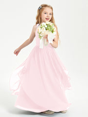 Boho Sleeveless Chiffon Junior Bridesmaid Dresses V-neck Blushing Pink