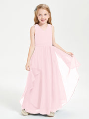 Boho Sleeveless Chiffon Junior Bridesmaid Dresses V-neck Blushing Pink