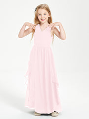 Boho Sleeveless Chiffon Junior Bridesmaid Dresses V-neck Blushing Pink