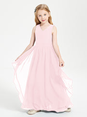 Boho Sleeveless Chiffon Junior Bridesmaid Dresses V-neck Blushing Pink