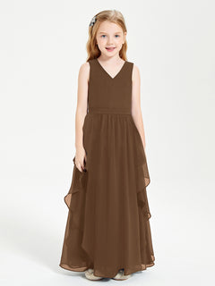 Boho Sleeveless Chiffon Junior Bridesmaid Dresses V-neck Brown