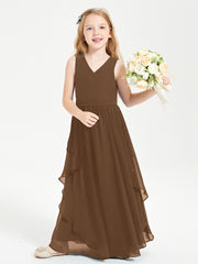 Boho Sleeveless Chiffon Junior Bridesmaid Dresses V-neck Brown
