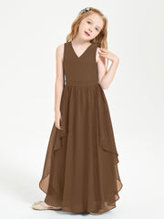 Boho Sleeveless Chiffon Junior Bridesmaid Dresses V-neck Brown