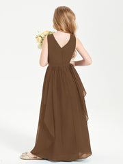 Boho Sleeveless Chiffon Junior Bridesmaid Dresses V-neck Brown