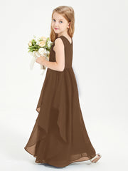 Boho Sleeveless Chiffon Junior Bridesmaid Dresses V-neck Brown