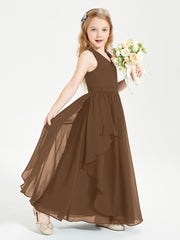 Boho Sleeveless Chiffon Junior Bridesmaid Dresses V-neck Brown