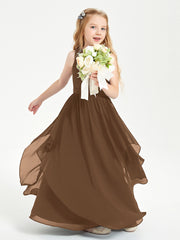 Boho Sleeveless Chiffon Junior Bridesmaid Dresses V-neck Brown