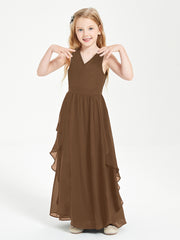 Boho Sleeveless Chiffon Junior Bridesmaid Dresses V-neck Brown