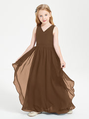 Boho Sleeveless Chiffon Junior Bridesmaid Dresses V-neck Brown