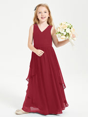 Boho Sleeveless Chiffon Junior Bridesmaid Dresses V-neck Burgundy