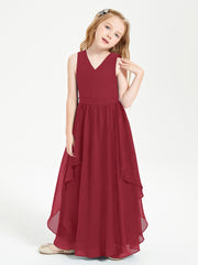 Boho Sleeveless Chiffon Junior Bridesmaid Dresses V-neck Burgundy