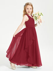 Boho Sleeveless Chiffon Junior Bridesmaid Dresses V-neck Burgundy