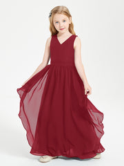 Boho Sleeveless Chiffon Junior Bridesmaid Dresses V-neck Burgundy