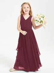 Boho Sleeveless Chiffon Junior Bridesmaid Dresses V-neck Cabernet
