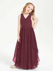 Boho Sleeveless Chiffon Junior Bridesmaid Dresses V-neck Cabernet