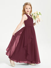 Boho Sleeveless Chiffon Junior Bridesmaid Dresses V-neck Cabernet