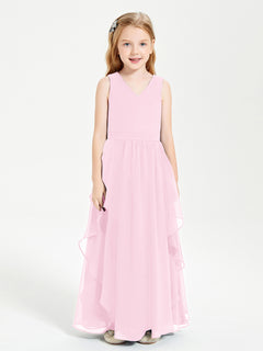 Boho Sleeveless Chiffon Junior Bridesmaid Dresses V-neck Candy Pink