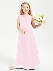 Boho Sleeveless Chiffon Junior Bridesmaid Dresses V-neck Candy Pink