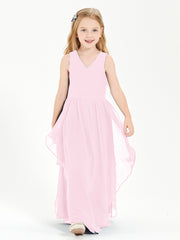 Boho Sleeveless Chiffon Junior Bridesmaid Dresses V-neck Candy Pink