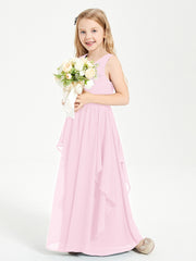Boho Sleeveless Chiffon Junior Bridesmaid Dresses V-neck Candy Pink