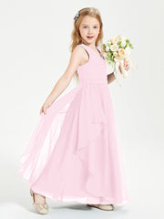 Boho Sleeveless Chiffon Junior Bridesmaid Dresses V-neck Candy Pink